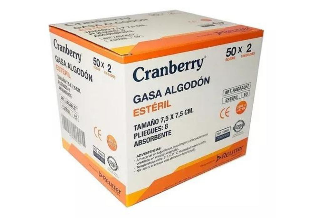 Cranberry Gasa de Algodón Estéril 7,5x7,5 cm | Caja 50 sobres x 2 unidades